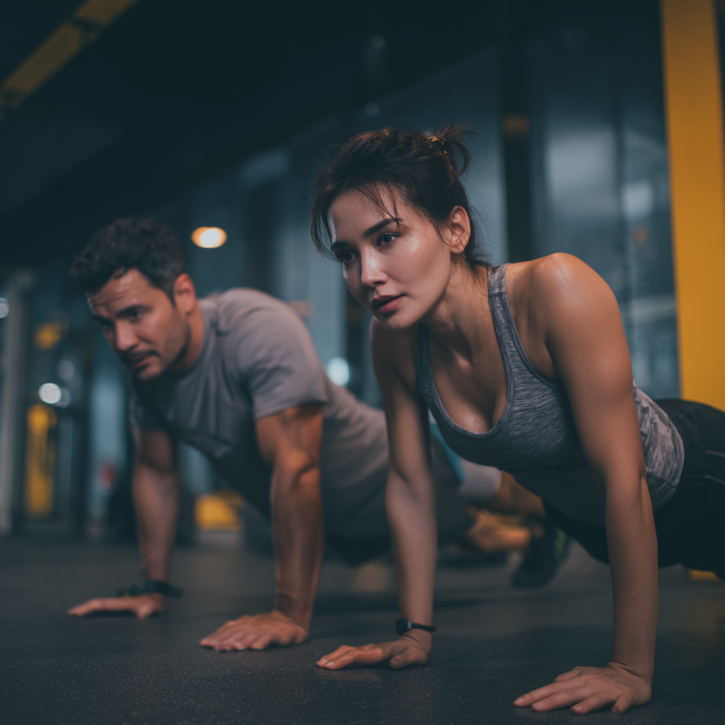 Young Uzbek man and woman exercising together with resistance bands in a gym, both smiling and enjoying their workout