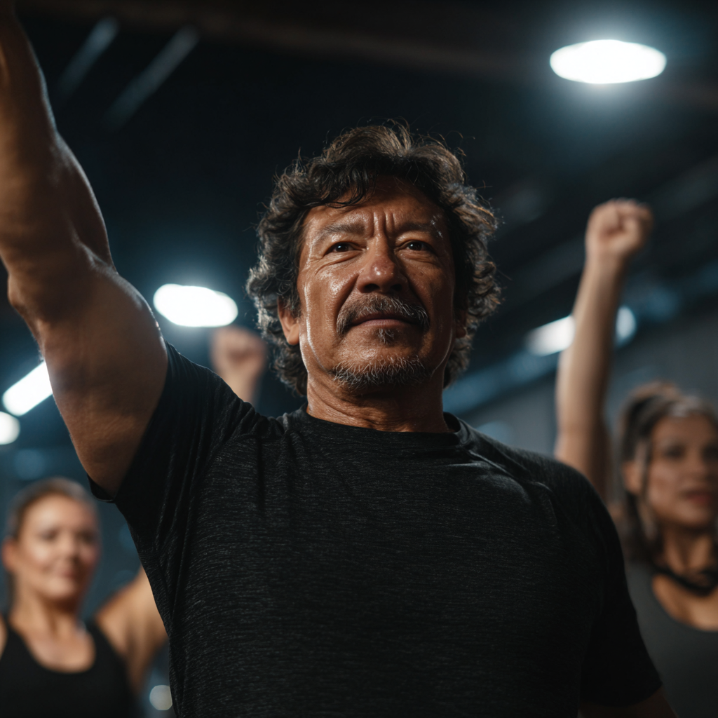 Mature Uzbek woman performing yoga poses on a mat outdoors, demonstrating strength and flexibility with confident smile